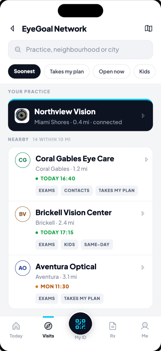 Book at any practice in the network